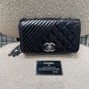 Chanel Coco Boy Black and Silver Striped Patchwork Lace-Up Leather Chain Bag