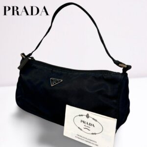 PRADA Black Nylon Triangle Logo Accessory Pouch Handbag with Shoulder Strap