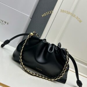LOEWE Black Pleated Pouch Hobo Bag Leather Chain Shoulder Purse H03121