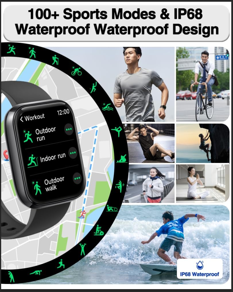 Smart Watch for Men Women, Bluetooth Calling, 1.83" HD Touch Screen Fitness Tracker, 24/7 Heart Rate & Sleep Monitor, 100+ Sports Modes, IP68 Waterproof, DIY Dial, Compatible with Android & iOS - Image 4