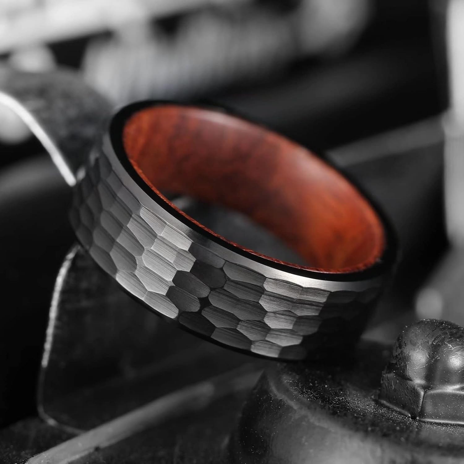 King Will 8mm Silver Titanium Ring Inlaid Wood Inner Hole Wedding Band for Men High Polished Beveled Edge Comfort Fit Size 7-13 - Image 2