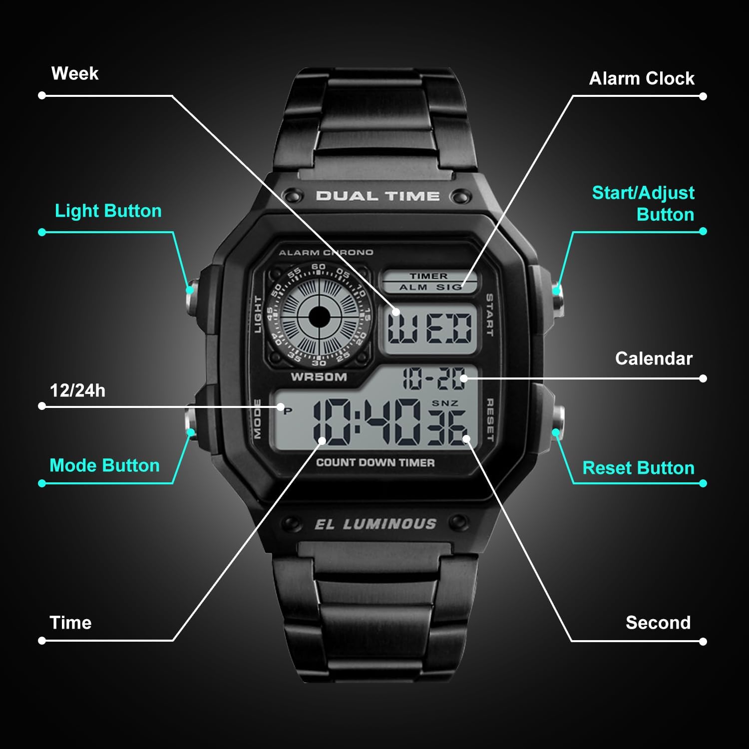 Watches for Men Dual Time Japanese Quartz Stainless Steel Mens Watches Digital Alarm Chronograph Countdown Timer EL-Light 5ATM Waterproof Montre Homme - Image 5