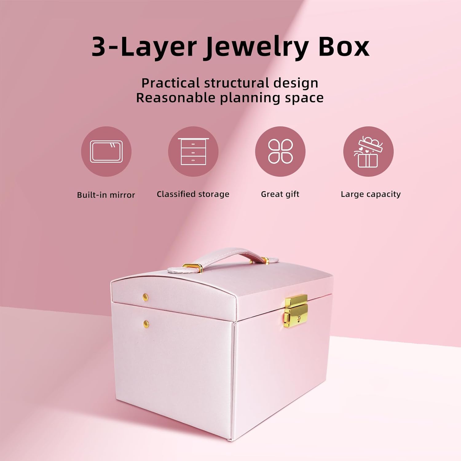 Jewelry Organizer Box for Women and Girls, 3 Layer Jewelry Organizer Box with Handle and Mirror, Jewelry Storage for Rings Necklaces Bracelets Watch Earring, Gift for Women Girl (Pink) - Image 3