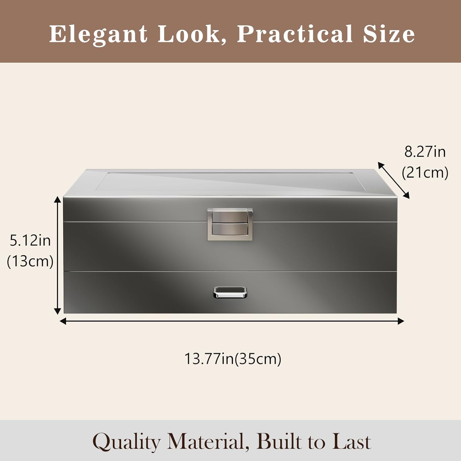 ProCase Lacquered Finish Wooden Men's Jewelry Box, 6 Slots Watch and Sunglasses Box Organizer for Men, 2-Tier Watch Holder Display Cases with Glass Top and Storage Drawer -Grey - Image 5