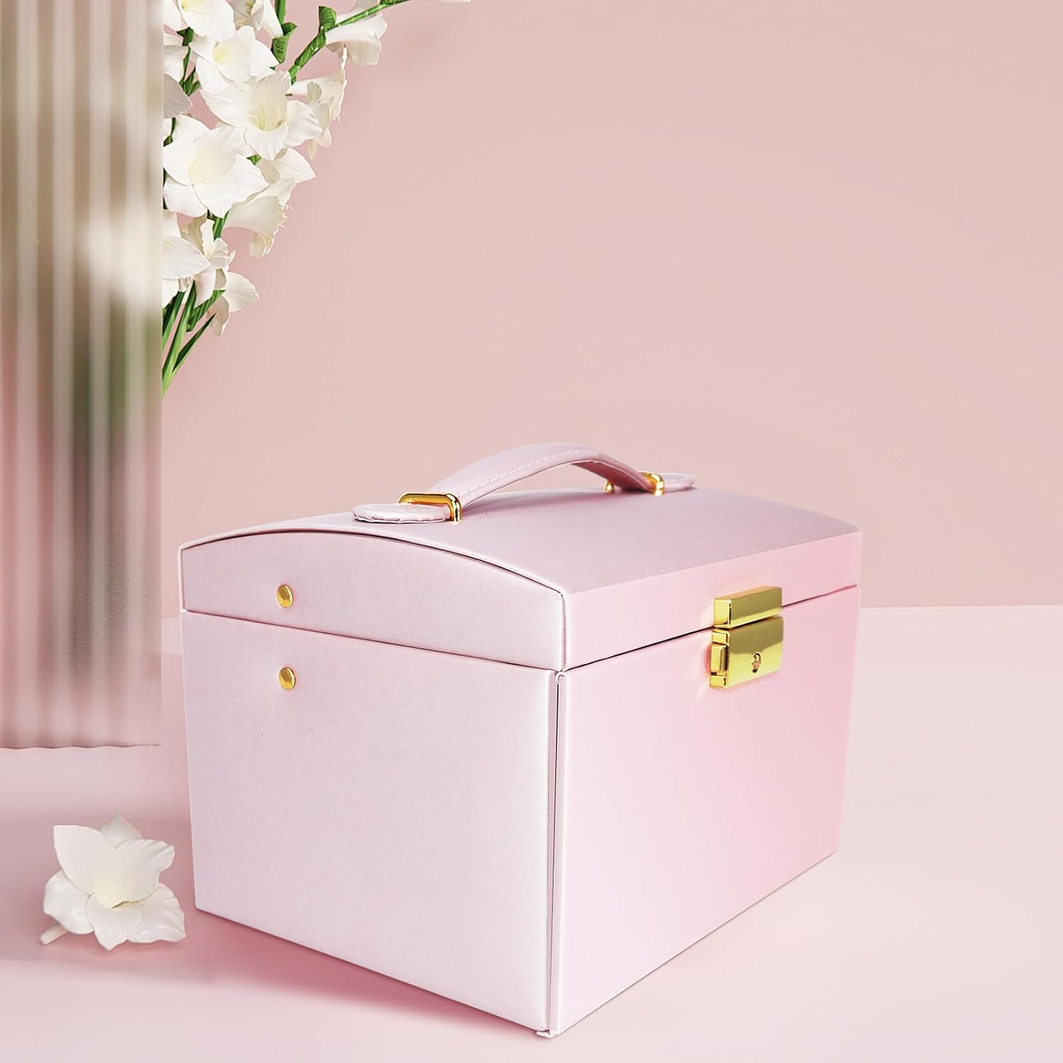 Jewelry Organizer Box for Women and Girls, 3 Layer Jewelry Organizer Box with Handle and Mirror, Jewelry Storage for Rings Necklaces Bracelets Watch Earring, Gift for Women Girl (Pink) - Image 5