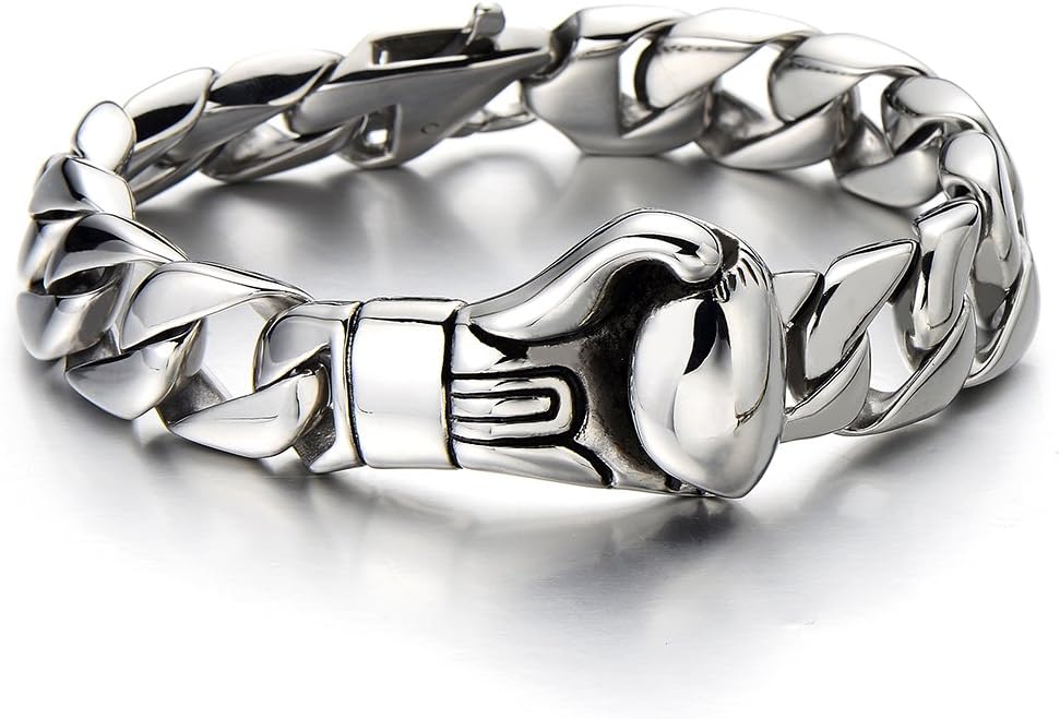 Unique Mens Stainless Steel Curb Chain Link Bracelet with Boxing Glove Silver Color Polished - Image 2