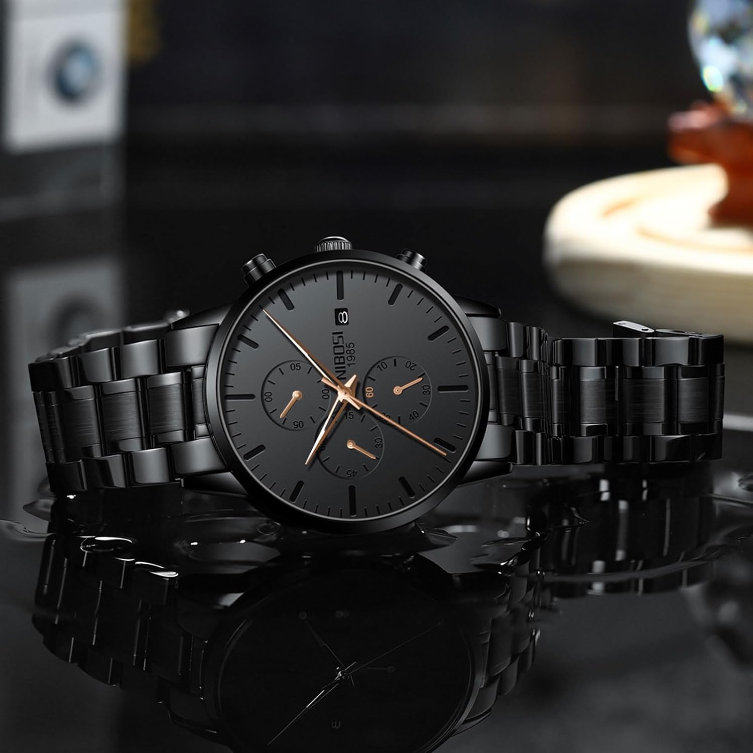 NIBOSI Men's Chronograph Watch - 42mm Black Stainless Steel Analog Quartz Watch with Date, 3ATM Waterproof, Minimalist Dress Watch for Business, Groomsmen, Father (Black/Red/Blue/Rose Gold) - Image 5
