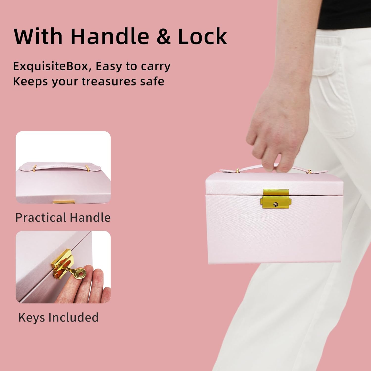 Jewelry Organizer Box for Women and Girls, 3 Layer Jewelry Organizer Box with Handle and Mirror, Jewelry Storage for Rings Necklaces Bracelets Watch Earring, Gift for Women Girl (Pink) - Image 2