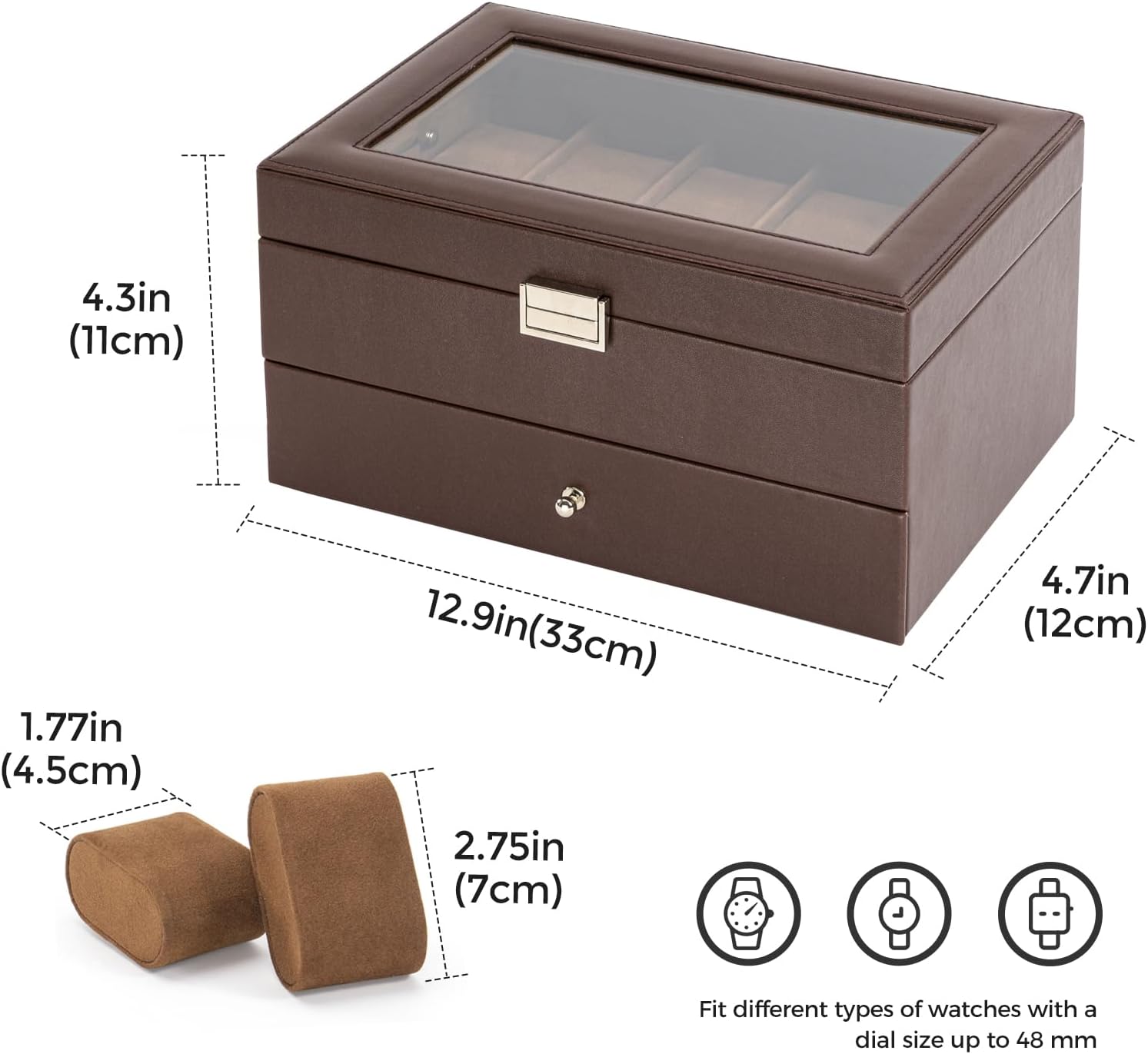 ProCase 10 Slots Watch Box Case for Men, Mens Jewelry Organizer Watch Holder Display Case with Drawer, PU Leather Watch Storage Boxes with Glass Lid and Pillow -Espresso - Image 5