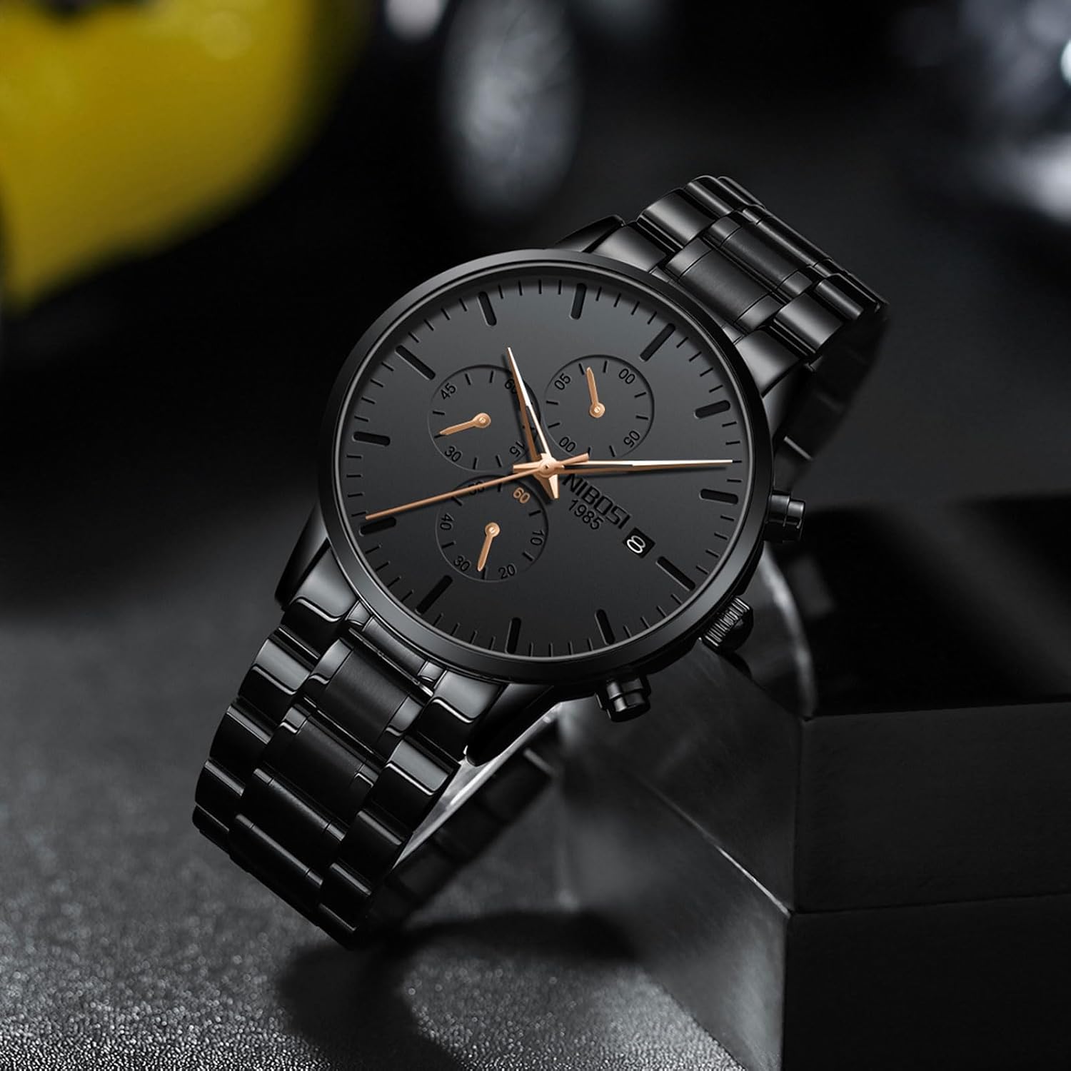 NIBOSI Men's Chronograph Watch - 42mm Black Stainless Steel Analog Quartz Watch with Date, 3ATM Waterproof, Minimalist Dress Watch for Business, Groomsmen, Father (Black/Red/Blue/Rose Gold) - Image 4