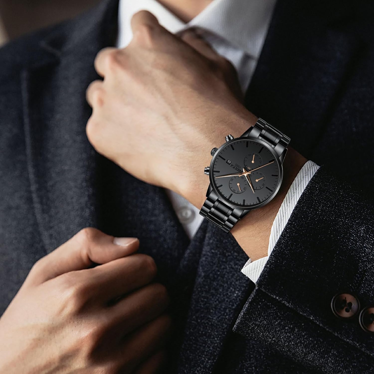 NIBOSI Men's Chronograph Watch - 42mm Black Stainless Steel Analog Quartz Watch with Date, 3ATM Waterproof, Minimalist Dress Watch for Business, Groomsmen, Father (Black/Red/Blue/Rose Gold) - Image 6