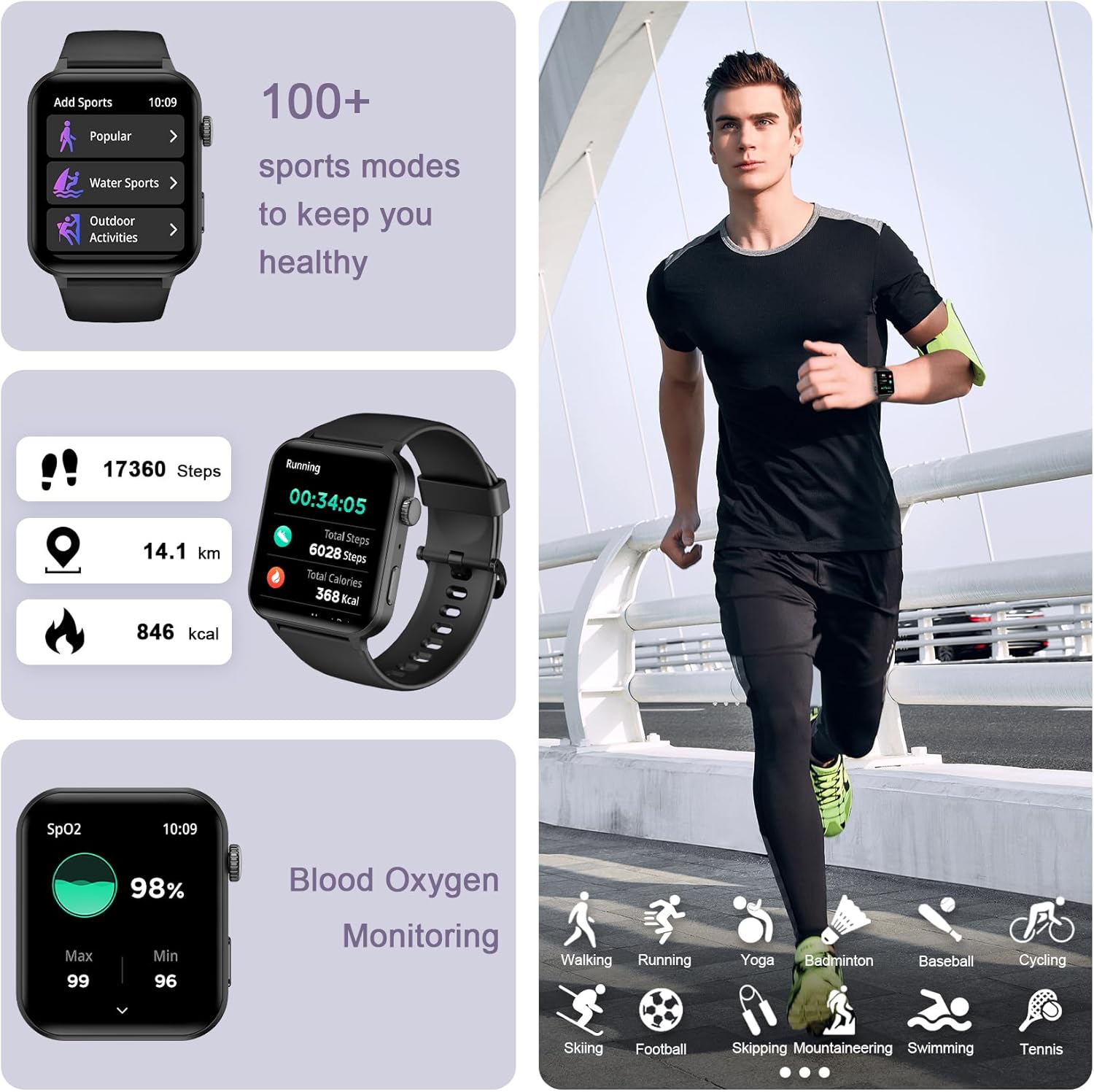 Smart Watch for Men and Women, Smartwatch, 1.85" with Call and Whatsapp Messages Function Bluetooth 5.0, 100 Sport Modes for iOS Android Phone (Black) - Image 3