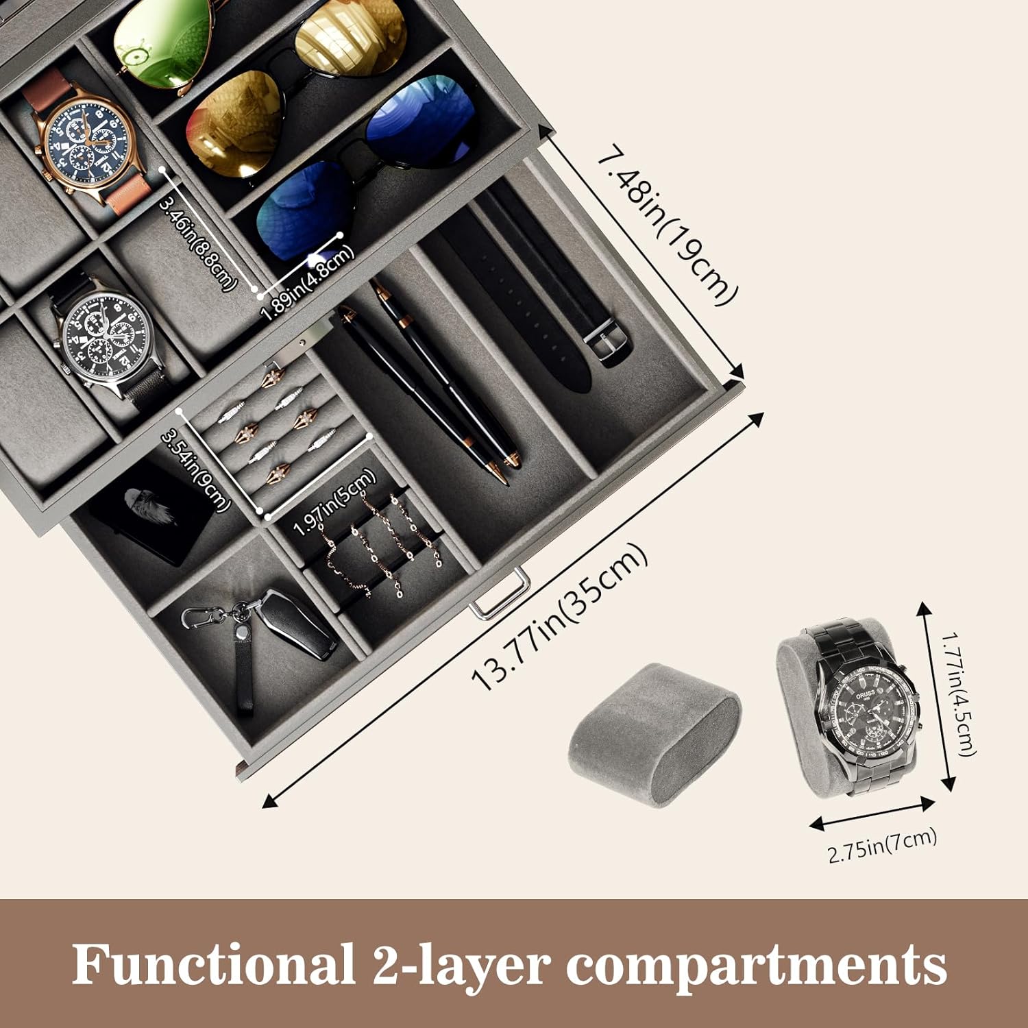 ProCase Lacquered Finish Wooden Men's Jewelry Box, 6 Slots Watch and Sunglasses Box Organizer for Men, 2-Tier Watch Holder Display Cases with Glass Top and Storage Drawer -Grey - Image 4