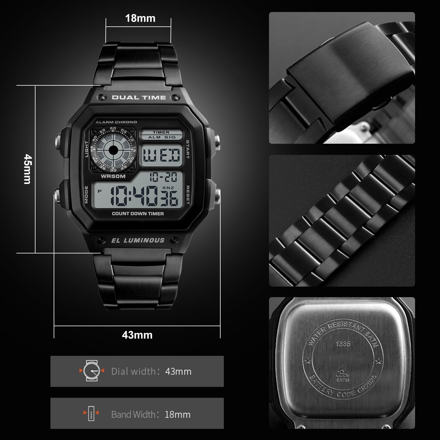Watches for Men Dual Time Japanese Quartz Stainless Steel Mens Watches Digital Alarm Chronograph Countdown Timer EL-Light 5ATM Waterproof Montre Homme - Image 6