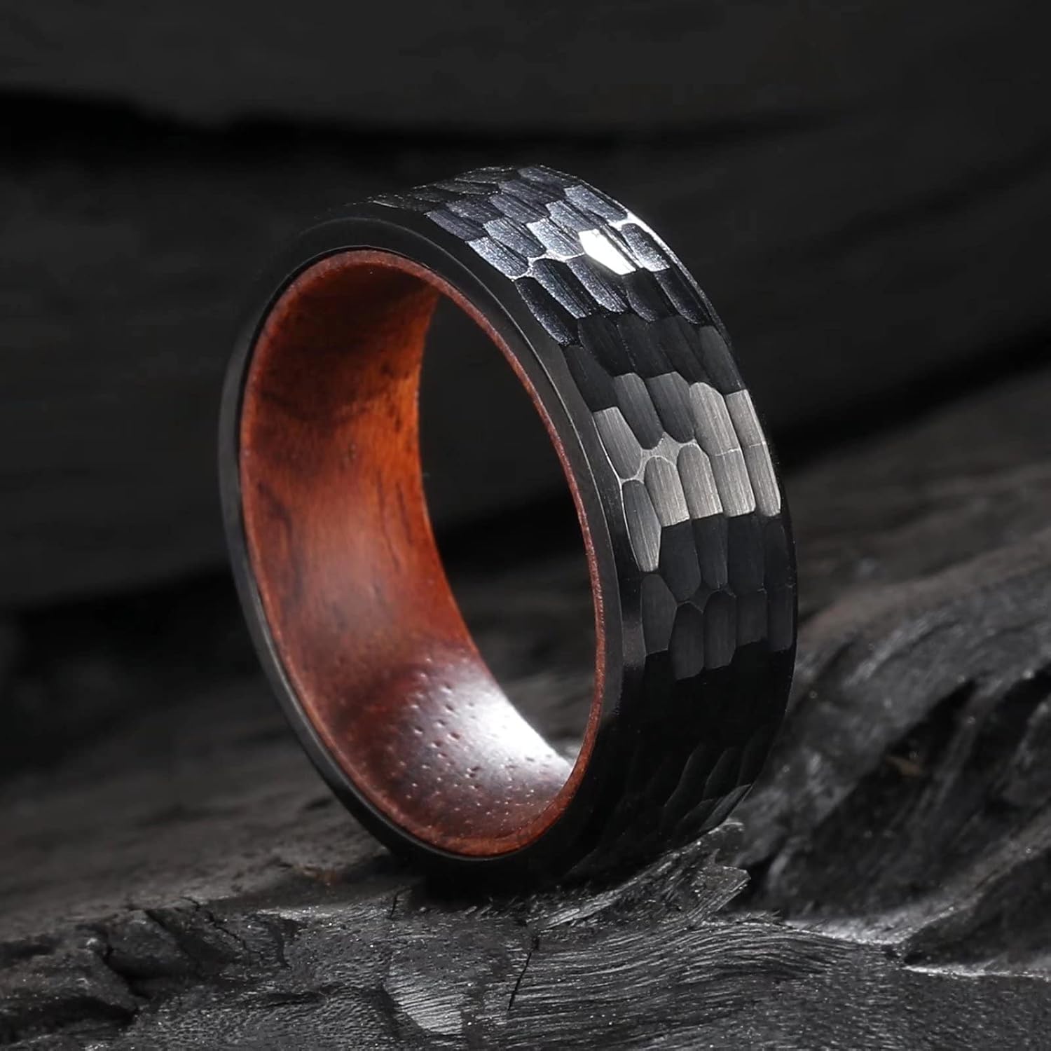 King Will 8mm Silver Titanium Ring Inlaid Wood Inner Hole Wedding Band for Men High Polished Beveled Edge Comfort Fit Size 7-13 - Image 3