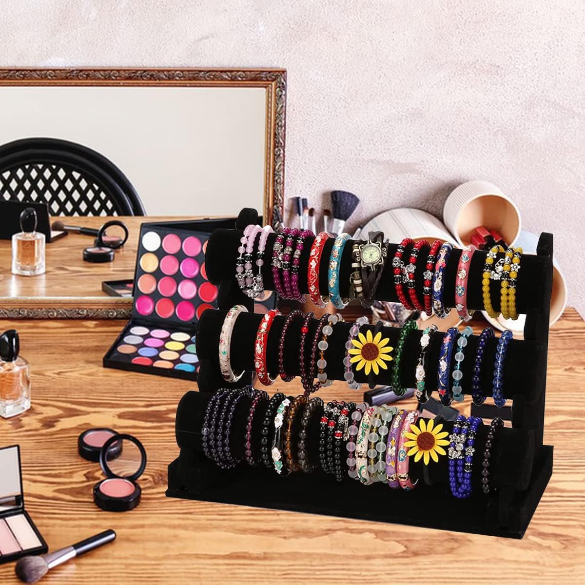 Barelove Bracelet Holder with 3 Tier Rack, Black Velvet Detachable Display Stand Organizer Vendors Storage for Jewelry Necklace Bangles Watches Hairband Scrunchie (Black) - Image 3