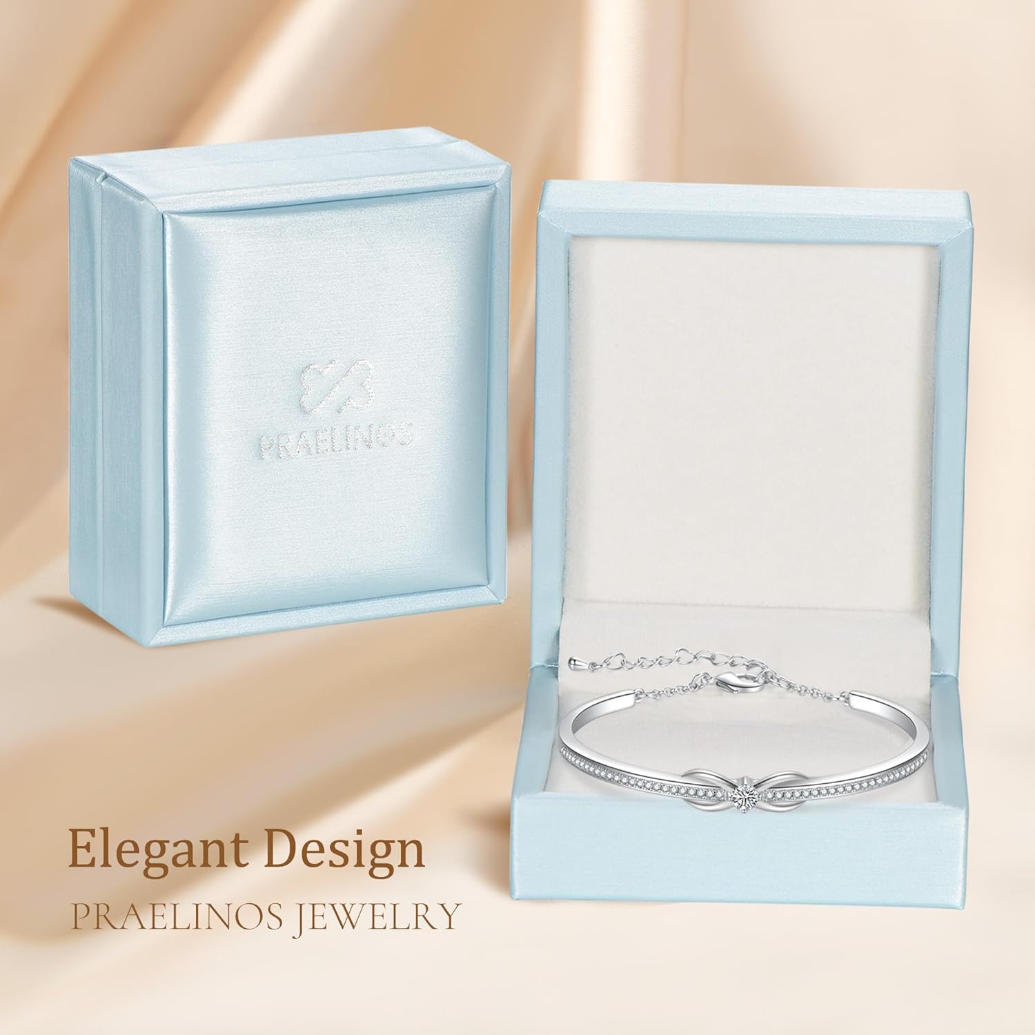 Praelinos Infinity Love Bracelet for Women White Rose Gold Plated Bangle Silver Tone Jewelry 5A Cubic Zirconia Bracelets for Christmas Mother's Day Valentine's Day Birthday Gifts for Mom Wife Girlfriend Sister Girls Her - Image 6