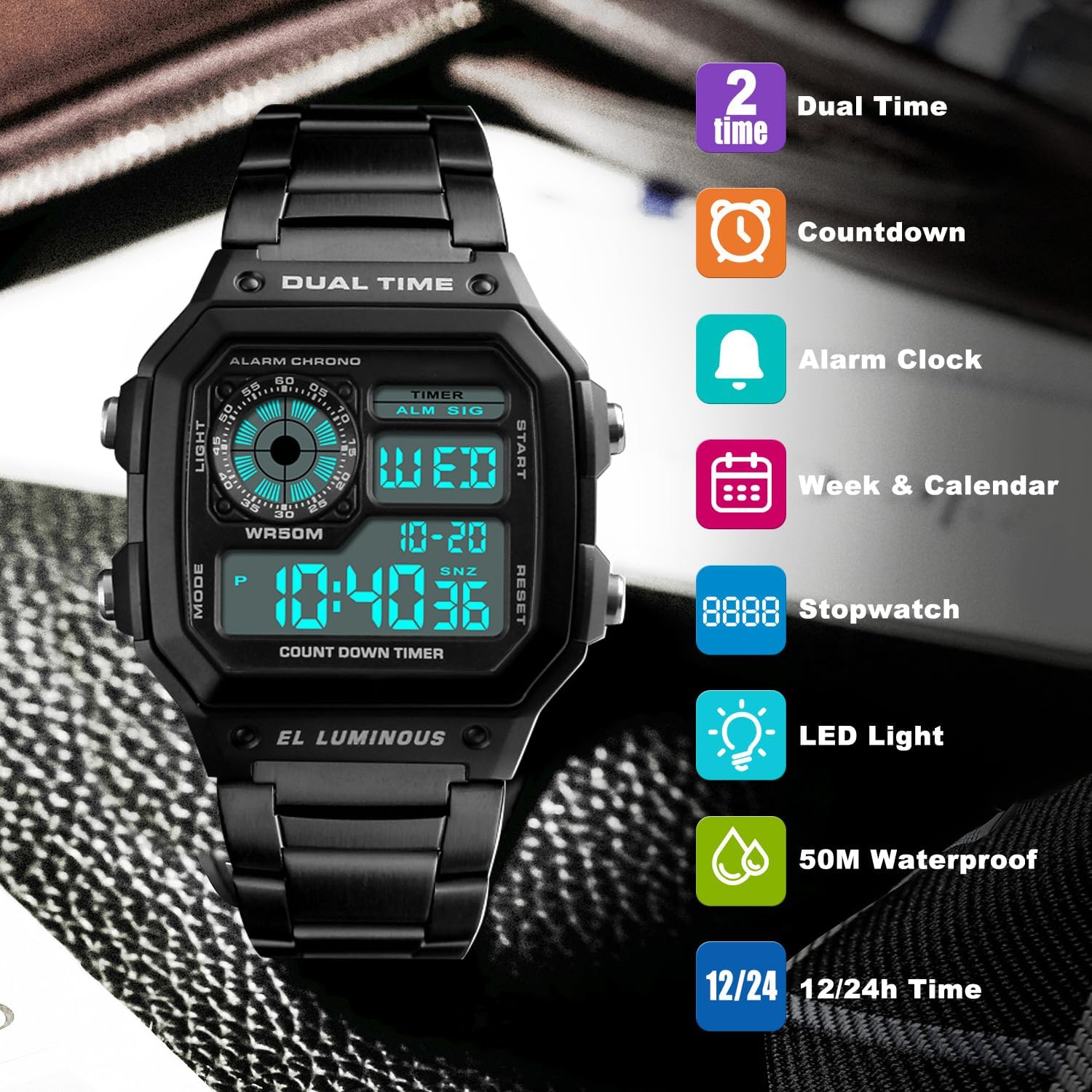 Watches for Men Dual Time Japanese Quartz Stainless Steel Mens Watches Digital Alarm Chronograph Countdown Timer EL-Light 5ATM Waterproof Montre Homme - Image 4