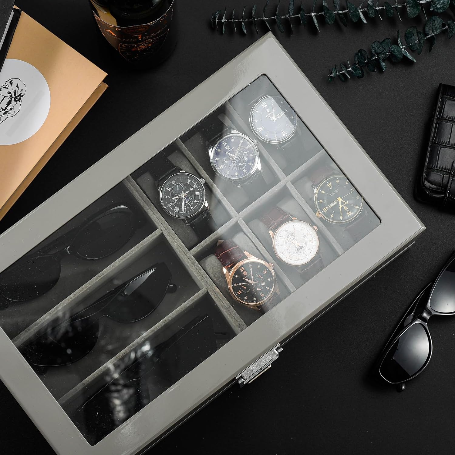 ProCase Lacquered Finish Wooden Men's Jewelry Box, 6 Slots Watch and Sunglasses Box Organizer for Men, 2-Tier Watch Holder Display Cases with Glass Top and Storage Drawer -Grey - Image 6