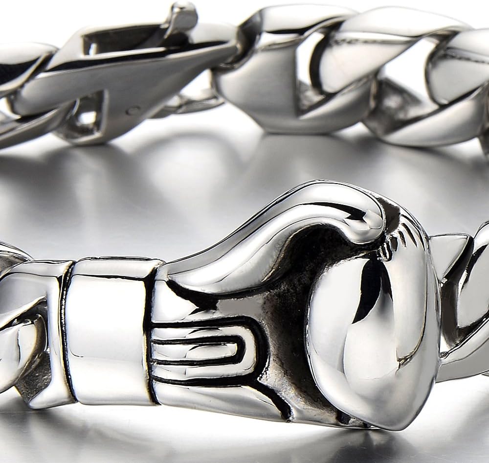 Unique Mens Stainless Steel Curb Chain Link Bracelet with Boxing Glove Silver Color Polished - Image 3