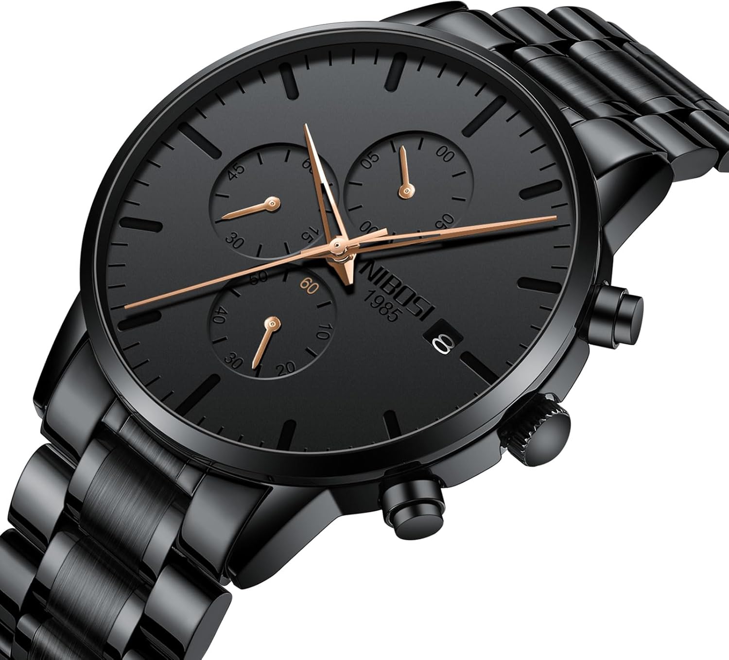 NIBOSI Men's Chronograph Watch - 42mm Black Stainless Steel Analog Quartz Watch with Date, 3ATM Waterproof, Minimalist Dress Watch for Business, Groomsmen, Father (Black/Red/Blue/Rose Gold) - Image 2