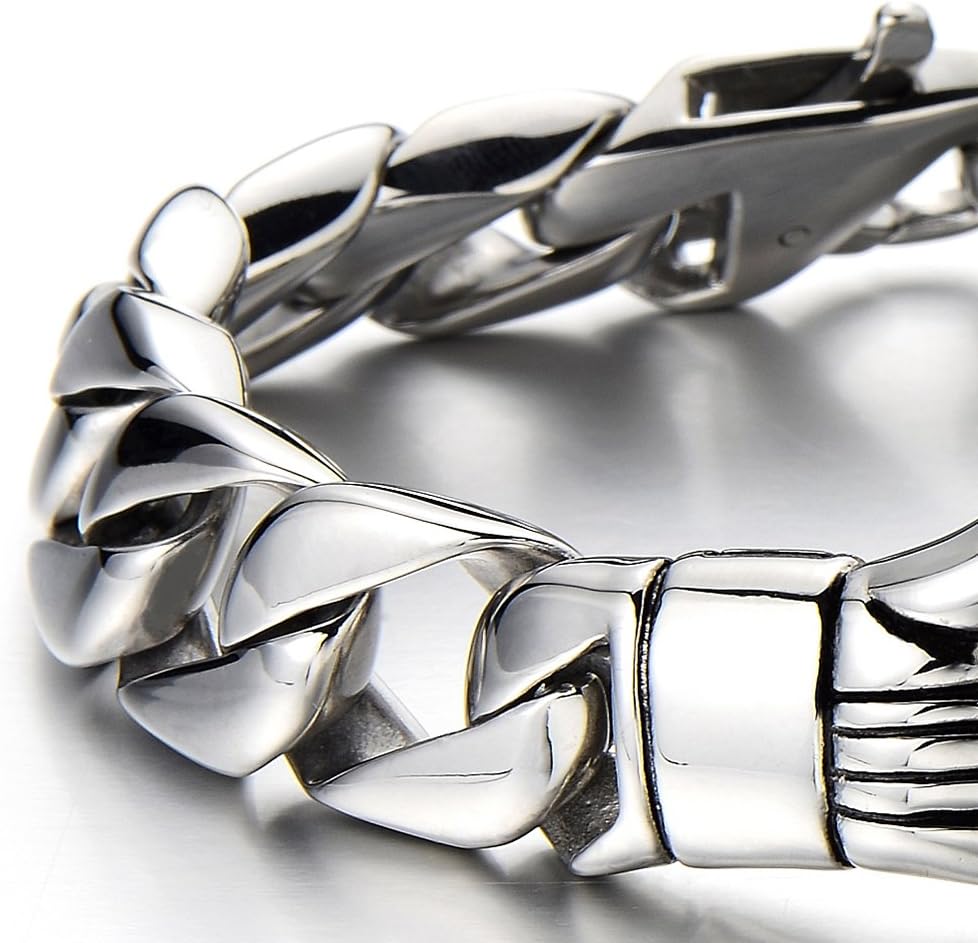 Unique Mens Stainless Steel Curb Chain Link Bracelet with Boxing Glove Silver Color Polished - Image 4