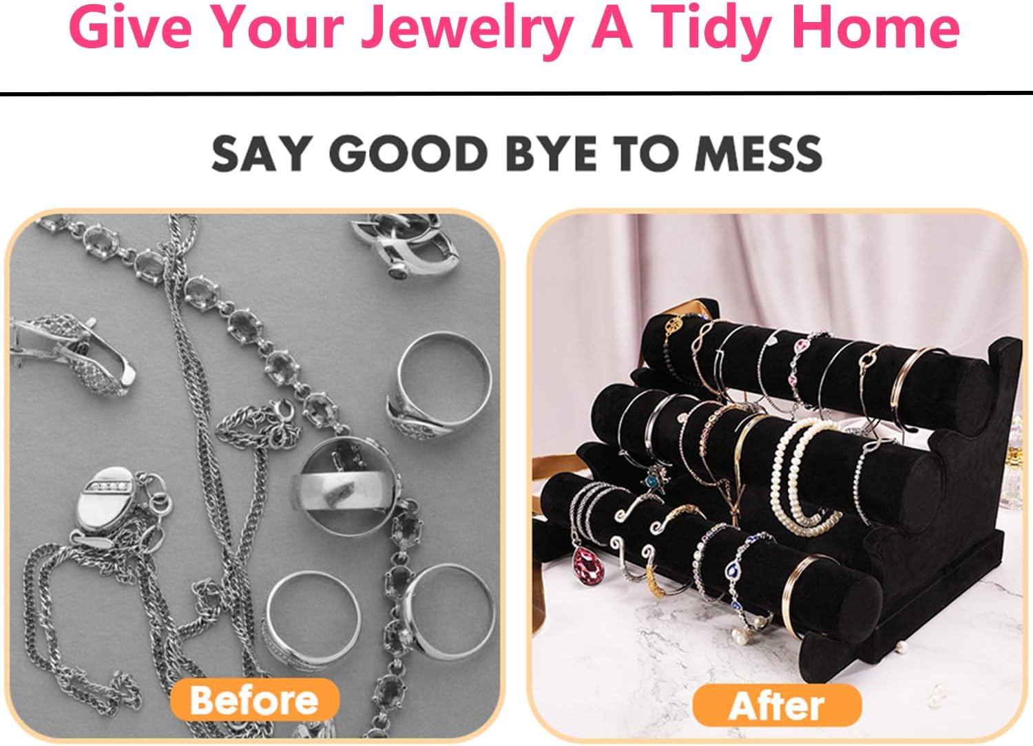 Barelove Bracelet Holder with 3 Tier Rack, Black Velvet Detachable Display Stand Organizer Vendors Storage for Jewelry Necklace Bangles Watches Hairband Scrunchie (Black) - Image 9