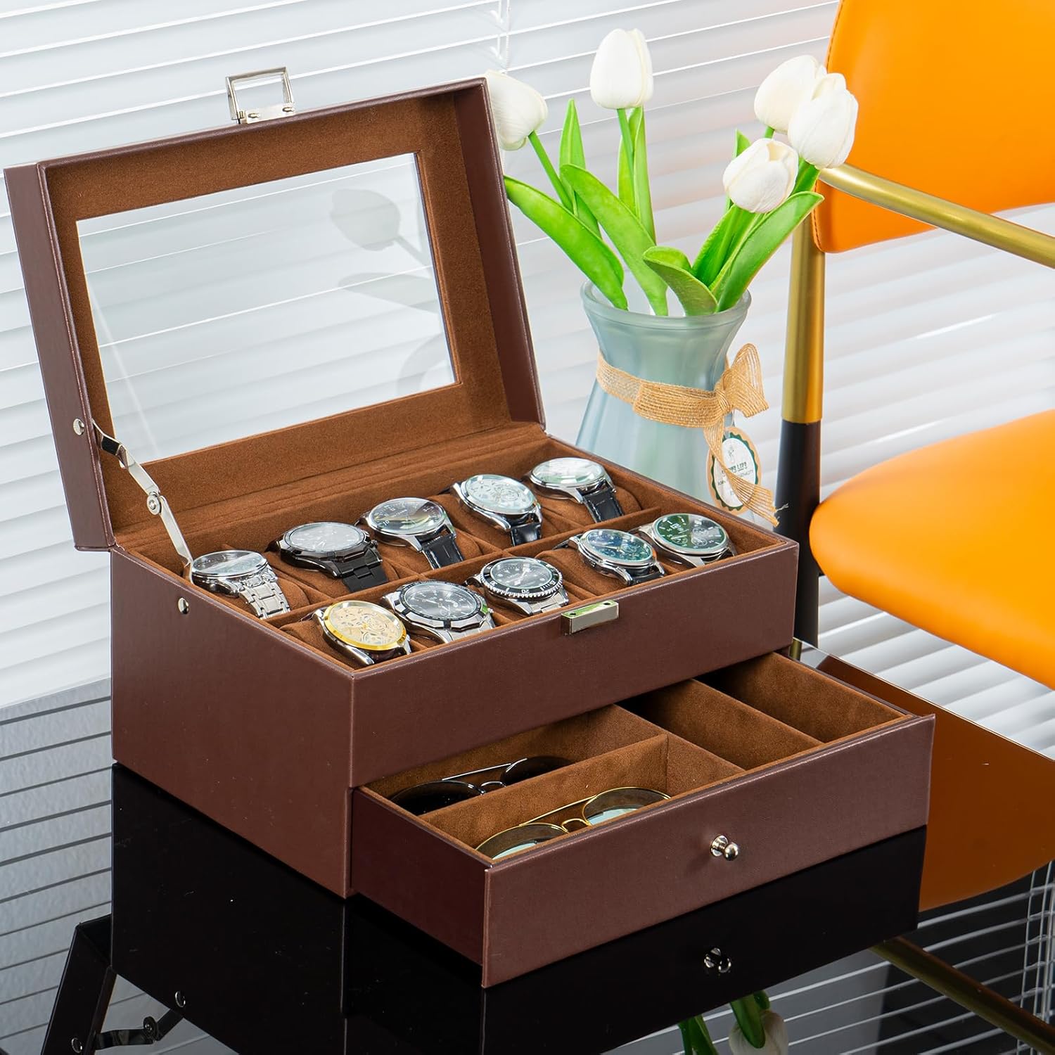 ProCase 10 Slots Watch Box Case for Men, Mens Jewelry Organizer Watch Holder Display Case with Drawer, PU Leather Watch Storage Boxes with Glass Lid and Pillow -Espresso - Image 6