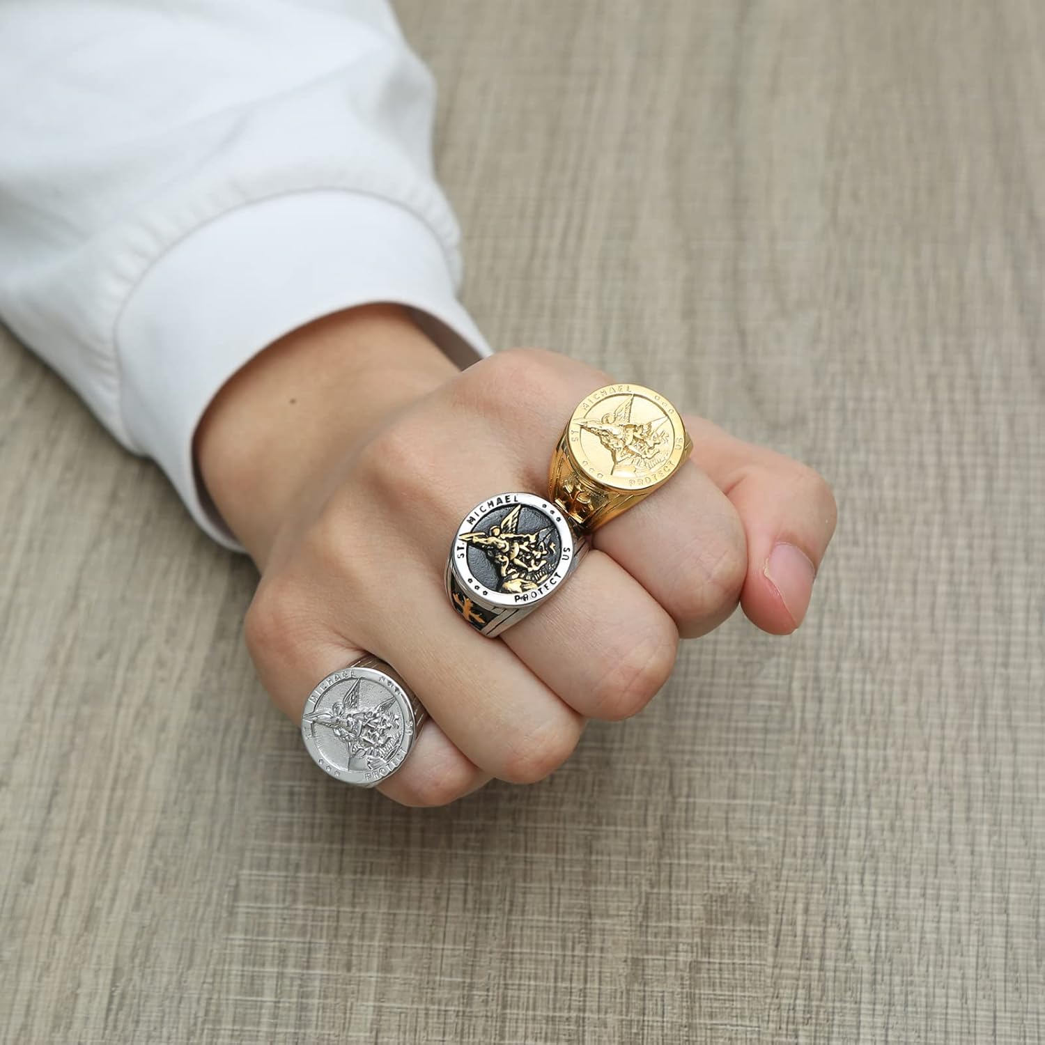 HZMAN St. Michael Ring for Men Women Stainless Steel San Miguel The Great Protector Archangel Figurine Amulet Ring - Image 4