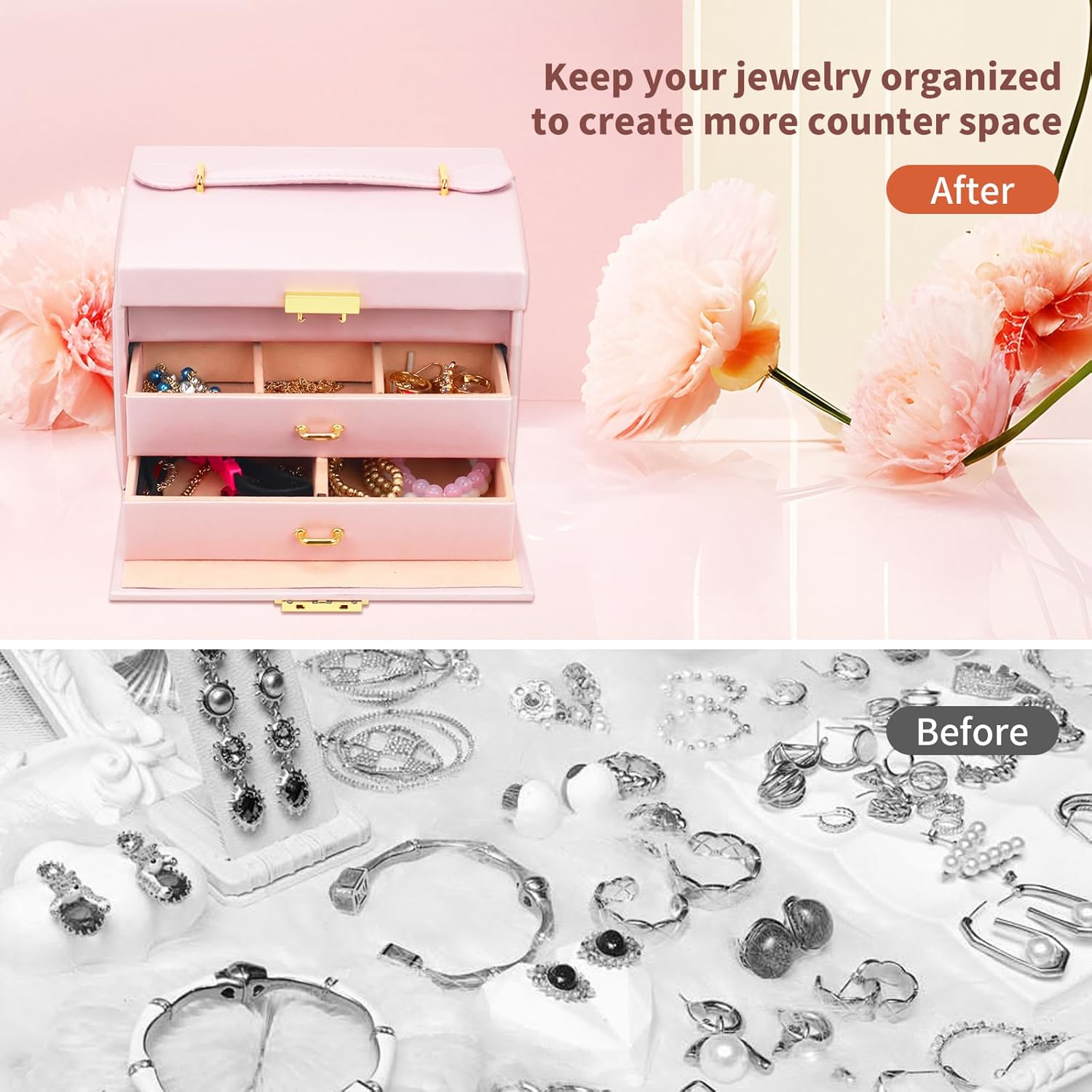 Jewelry Organizer Box for Women and Girls, 3 Layer Jewelry Organizer Box with Handle and Mirror, Jewelry Storage for Rings Necklaces Bracelets Watch Earring, Gift for Women Girl (Pink) - Image 6