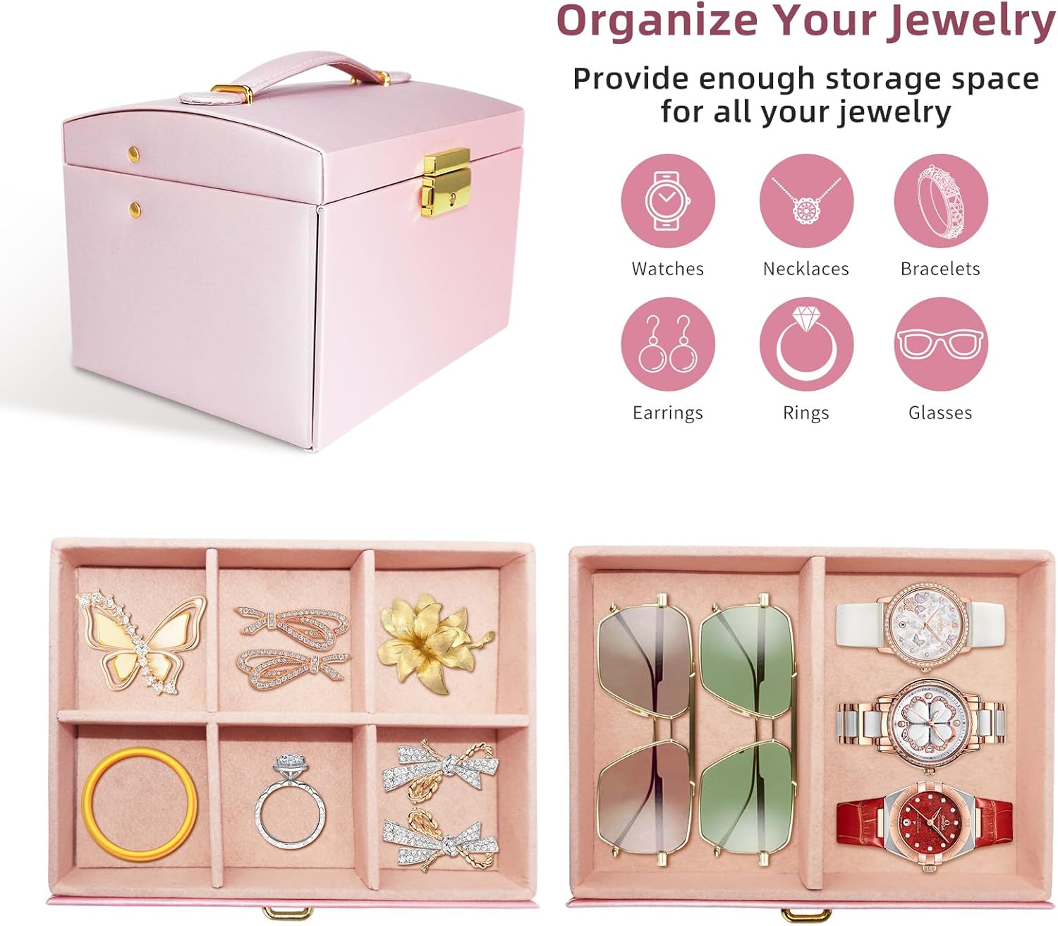 Jewelry Organizer Box for Women and Girls, 3 Layer Jewelry Organizer Box with Handle and Mirror, Jewelry Storage for Rings Necklaces Bracelets Watch Earring, Gift for Women Girl (Pink) - Image 4