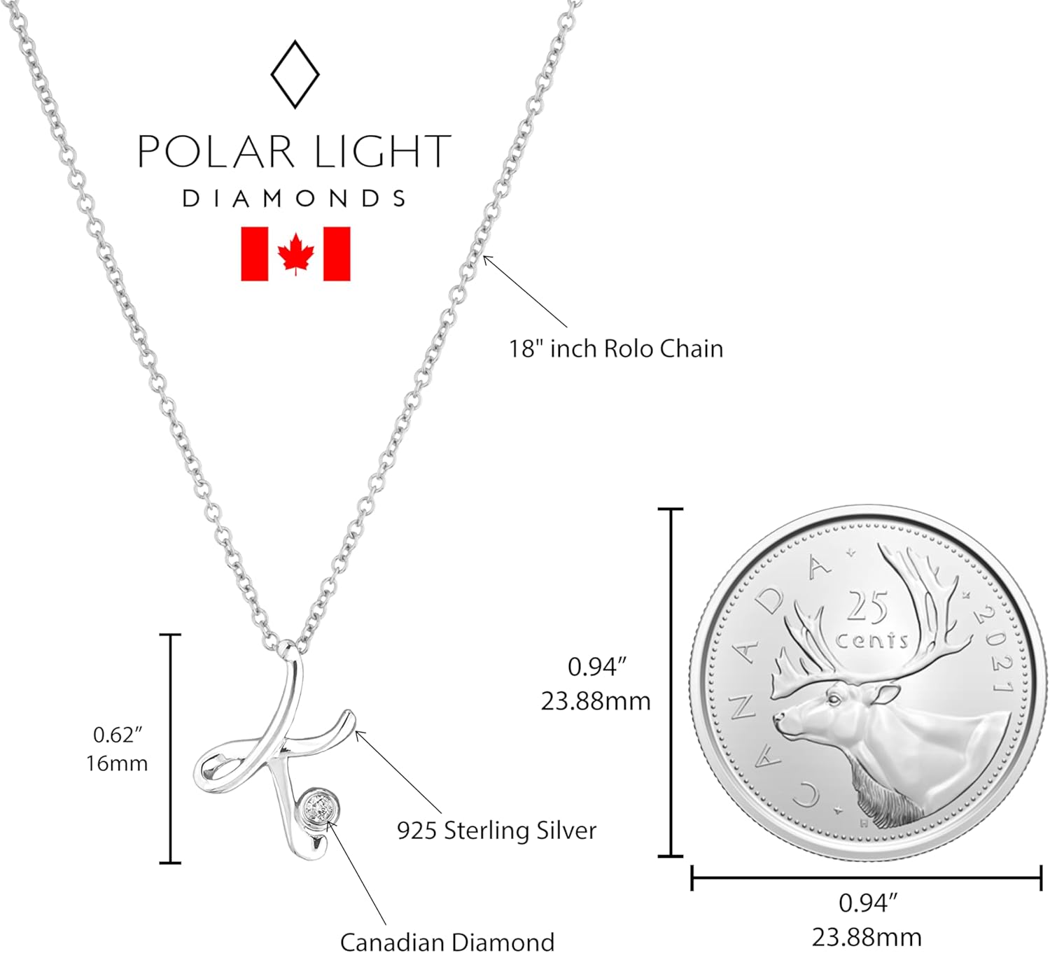 Polar Light Diamonds Sterling Silver Block or Script Initial Pendant Necklace with Canadian Diamonds, Select Your Initial A, B, C, D, E, F, G, H, I, J, K, L, M, N, O, P, Q, R, S, T, U, V, W, X, Y, Z on Rolo or Block Chain - Image 2