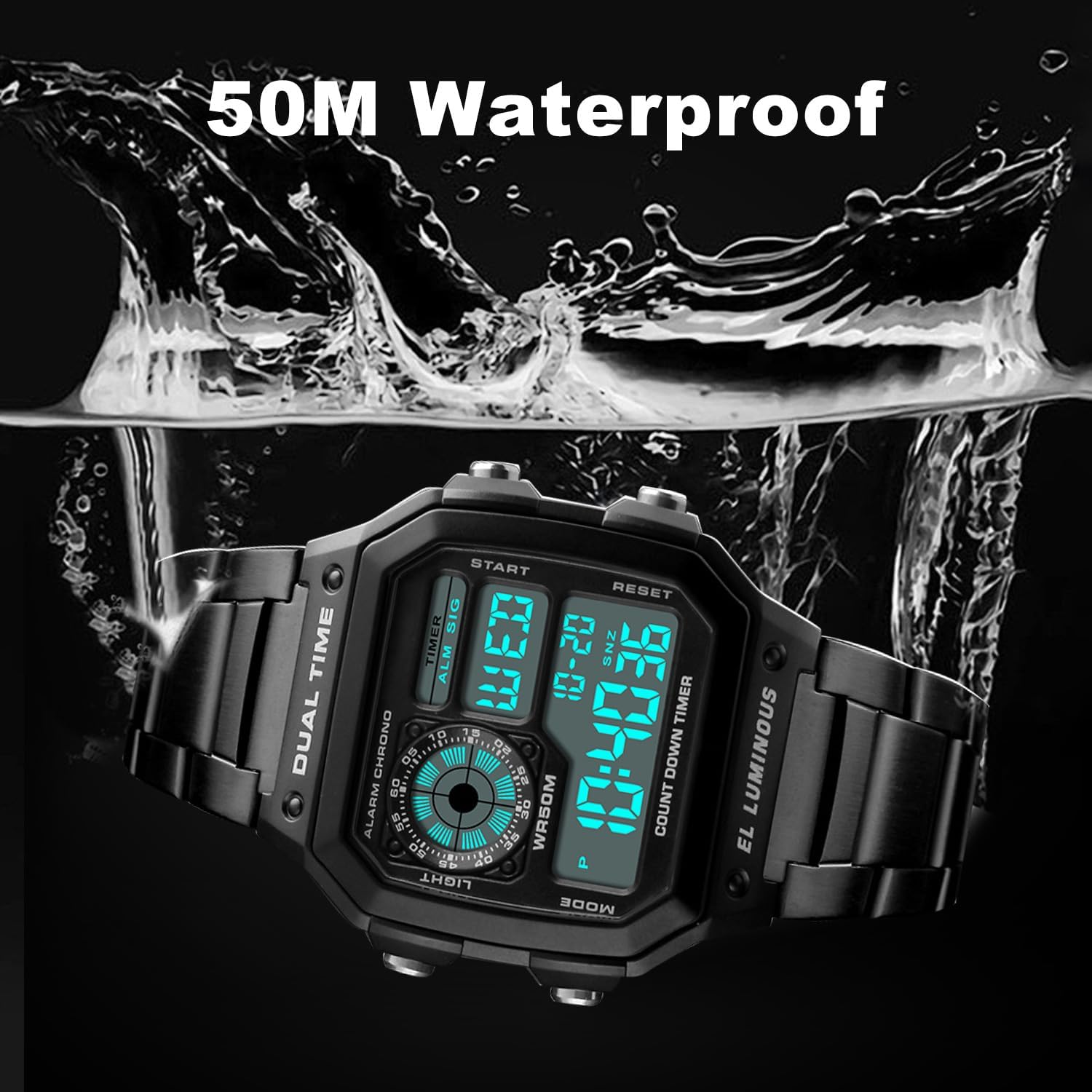 Watches for Men Dual Time Japanese Quartz Stainless Steel Mens Watches Digital Alarm Chronograph Countdown Timer EL-Light 5ATM Waterproof Montre Homme - Image 3