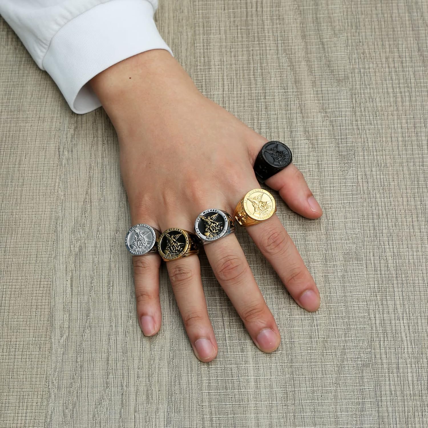 HZMAN St. Michael Ring for Men Women Stainless Steel San Miguel The Great Protector Archangel Figurine Amulet Ring - Image 5