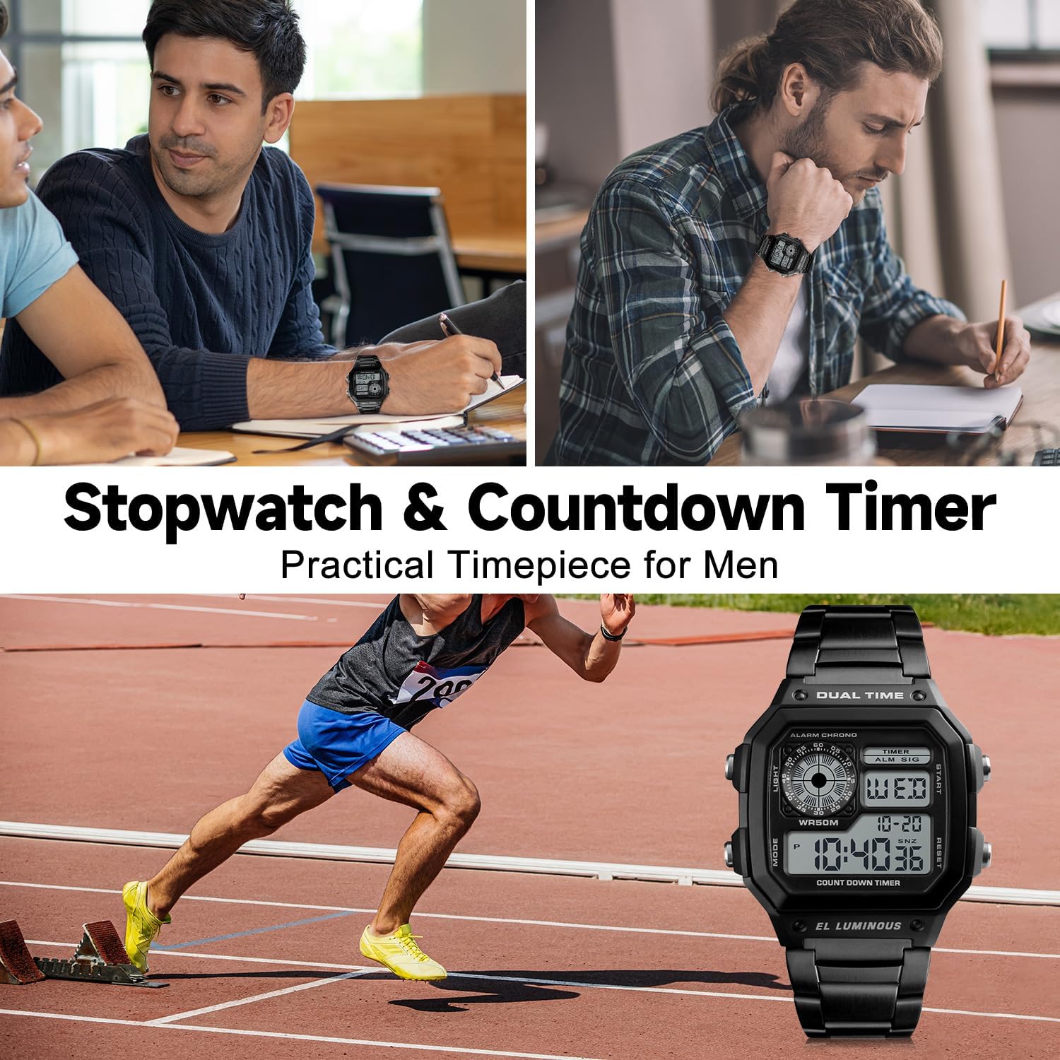 Watches for Men Dual Time Japanese Quartz Stainless Steel Mens Watches Digital Alarm Chronograph Countdown Timer EL-Light 5ATM Waterproof Montre Homme - Image 2
