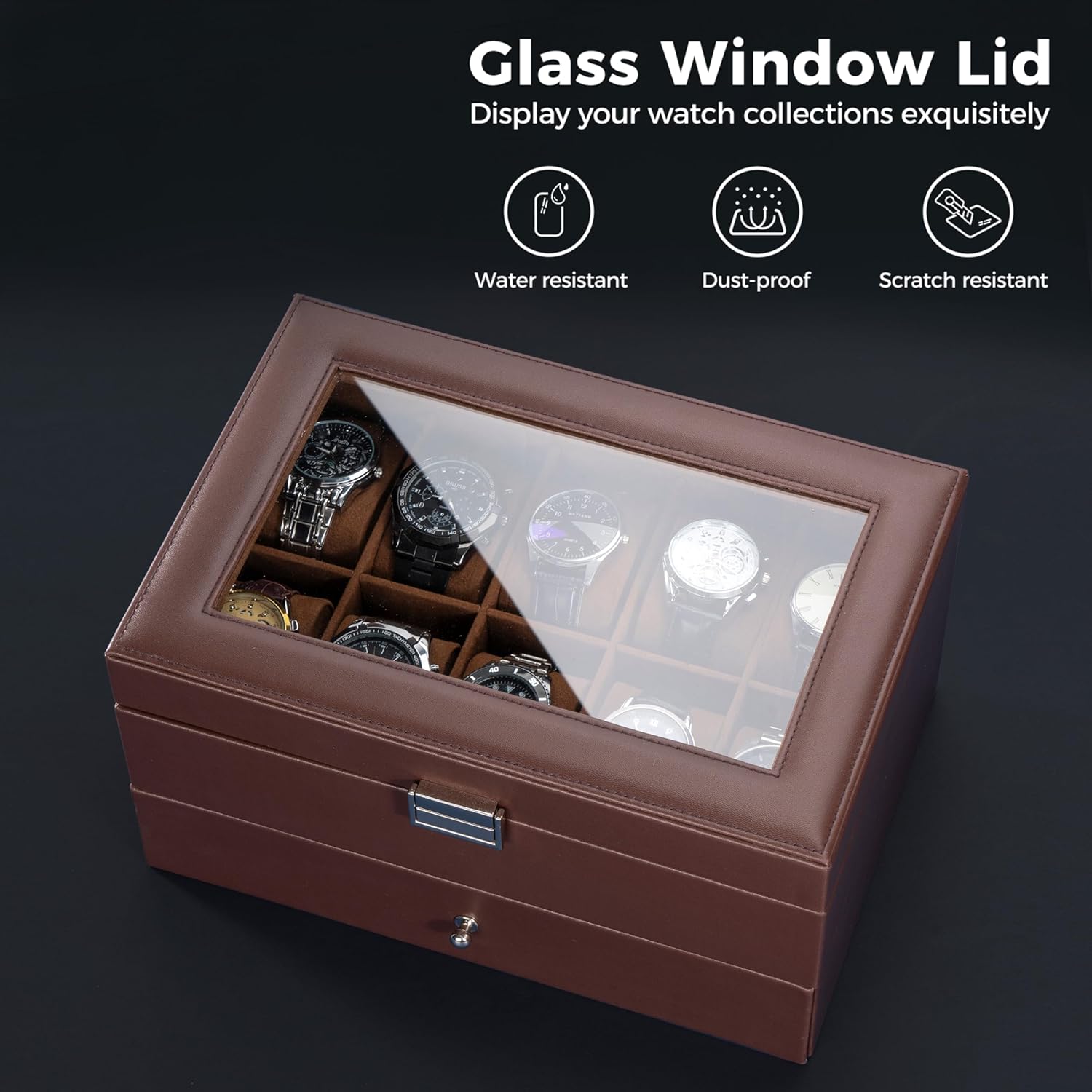 ProCase 10 Slots Watch Box Case for Men, Mens Jewelry Organizer Watch Holder Display Case with Drawer, PU Leather Watch Storage Boxes with Glass Lid and Pillow -Espresso - Image 4