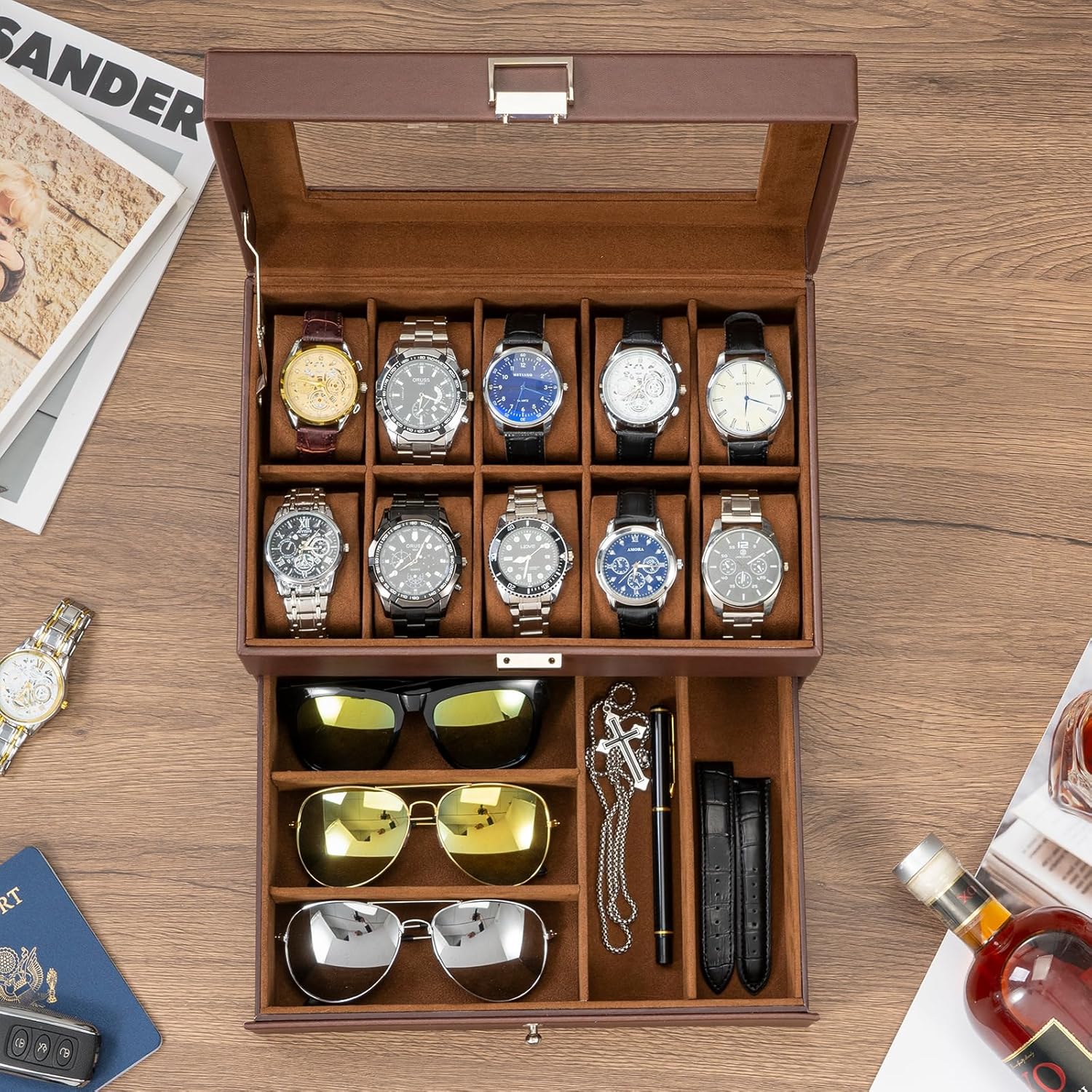 ProCase 10 Slots Watch Box Case for Men, Mens Jewelry Organizer Watch Holder Display Case with Drawer, PU Leather Watch Storage Boxes with Glass Lid and Pillow -Espresso - Image 3
