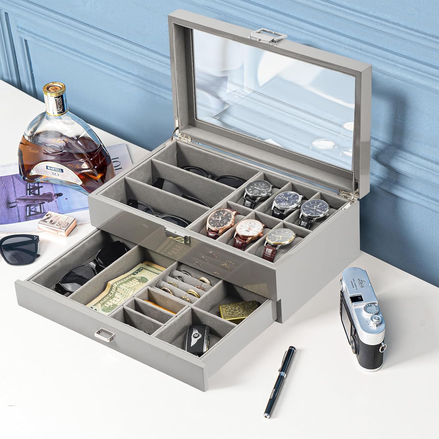 ProCase Lacquered Finish Wooden Men's Jewelry Box, 6 Slots Watch and Sunglasses Box Organizer for Men, 2-Tier Watch Holder Display Cases with Glass Top and Storage Drawer -Grey - Image 3