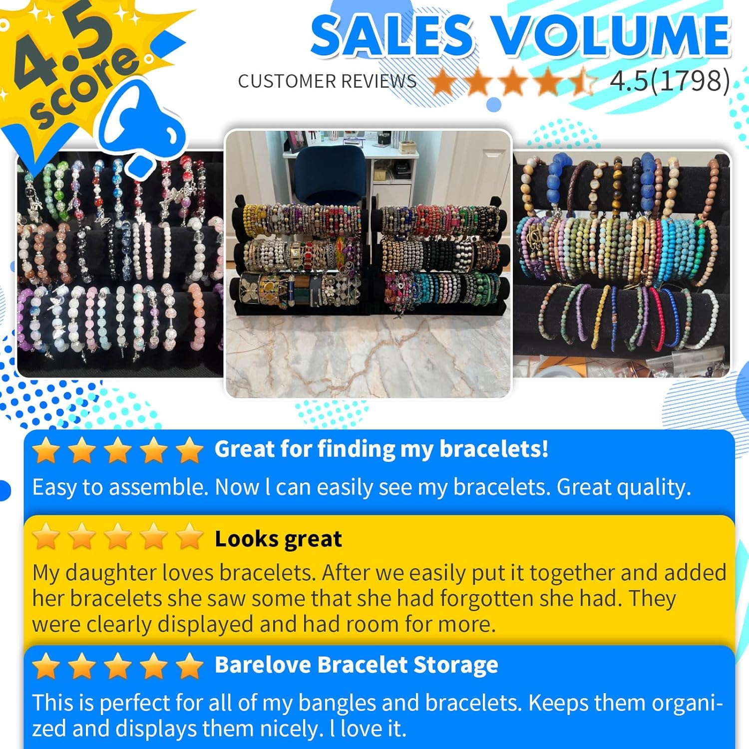 Barelove Bracelet Holder with 3 Tier Rack, Black Velvet Detachable Display Stand Organizer Vendors Storage for Jewelry Necklace Bangles Watches Hairband Scrunchie (Black) - Image 6