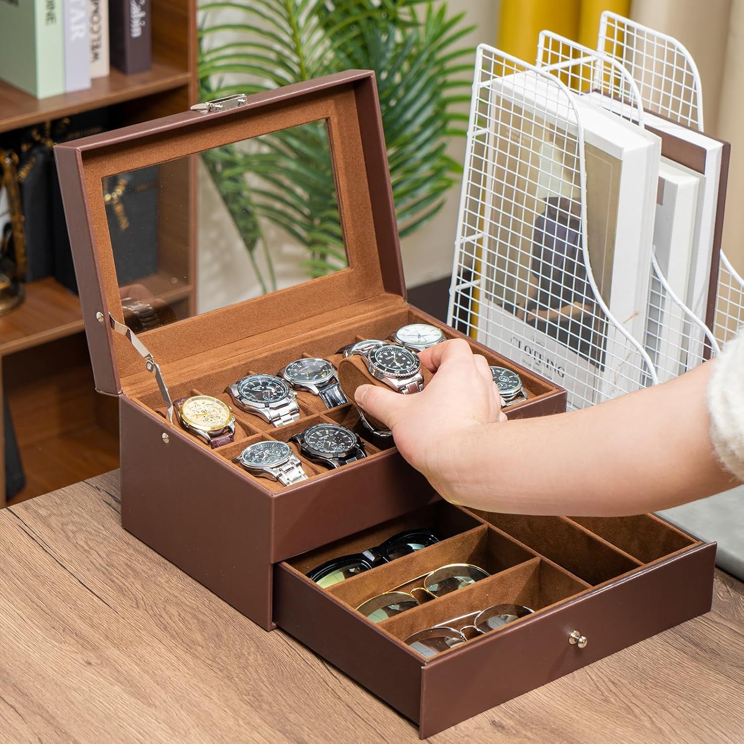 ProCase 10 Slots Watch Box Case for Men, Mens Jewelry Organizer Watch Holder Display Case with Drawer, PU Leather Watch Storage Boxes with Glass Lid and Pillow -Espresso - Image 7