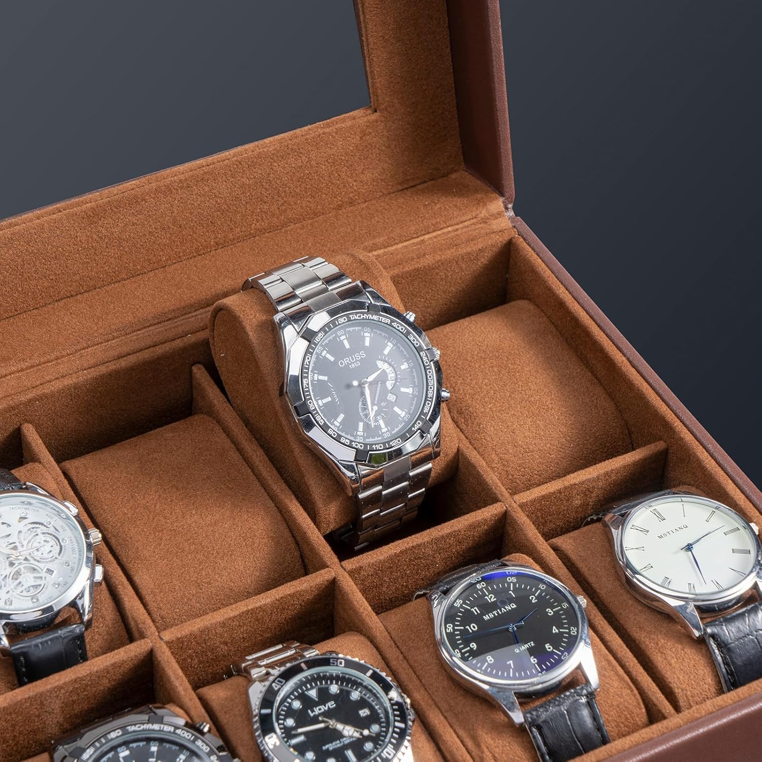 ProCase 10 Slots Watch Box Case for Men, Mens Jewelry Organizer Watch Holder Display Case with Drawer, PU Leather Watch Storage Boxes with Glass Lid and Pillow -Espresso - Image 2