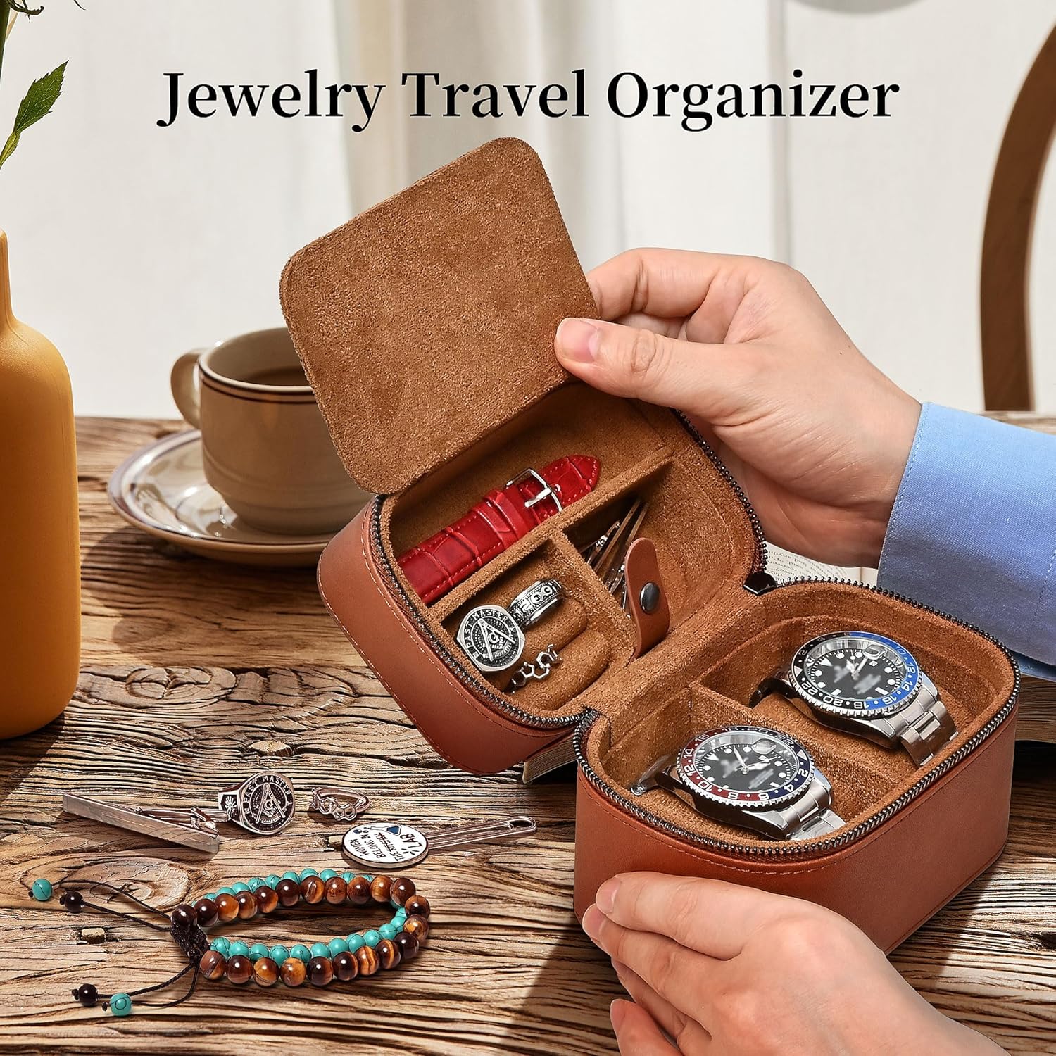 Watch Travel Case for 2 Watches/Premium Leather-Watch Storage box/Travel Organizer Case for Men - Image 3