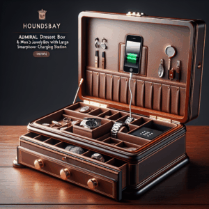 HOUNDSBAY Admiral Dresser Valet Box & Mens Jewelry Box Organizer with Large Smartphone Charging Station (Brown)