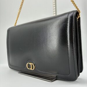 CHRISTIAN DIOR  CD Logo Chain Shoulder Bag Black Leather Women Used Authentic