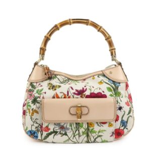 GUCCI Bamboo Canvas Leather Shoulder Bag Flora Ivory Pink 137383 Auth Used F/S