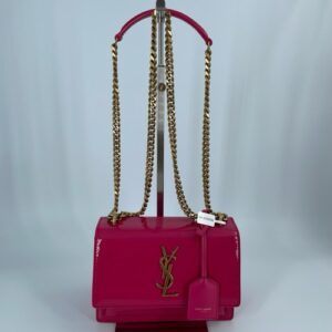 Authentic Saint Laurent Sunset Crossbody Bag Pink Patent Leather 102202