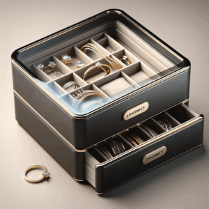 SONGMICS Jewelry Box with Glass Lid, 2-Layer Jewelry Organizer, Graphite Black and Metallic Gold UJBC238B01 SONGMICS Jewelry Box with Glass Lid, 2-Layer Jewelry Organizer, Graphite Black and Metallic Gold UJBC238B01