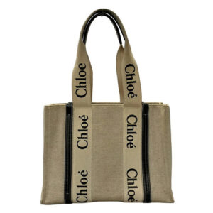 Auth Chloe Woody Medium Tote Bag – Beige Black Canvas Leather Tote Bag Auth Chloe Woody Medium Tote Bag – Beige Black Canvas Leather Tote Bag