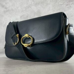 CELINE Shoulder Hand Bag Dark Navy Leather Small Purse Vintage Authentic
