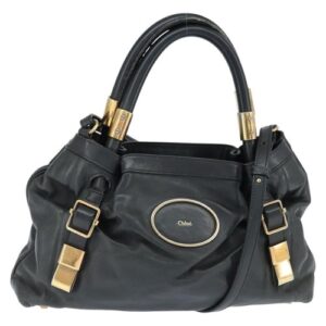 Chloe Victoria Hand Bag Leather 2way Black Gold Auth am9563
